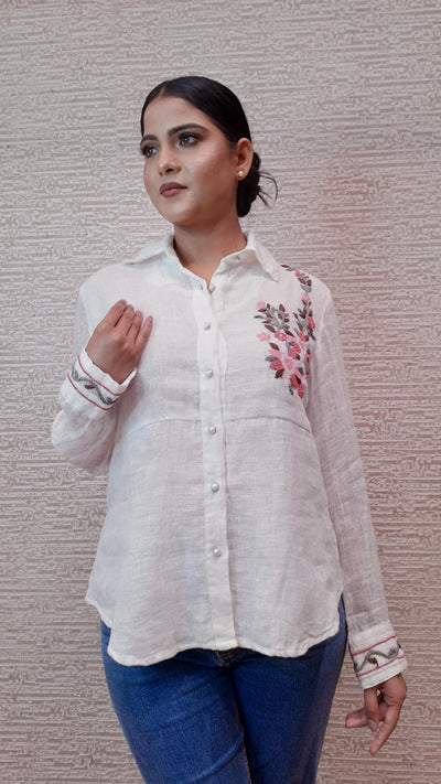 Classic Cotton Linen Shirt In Ivory Color With Floral Embroidery