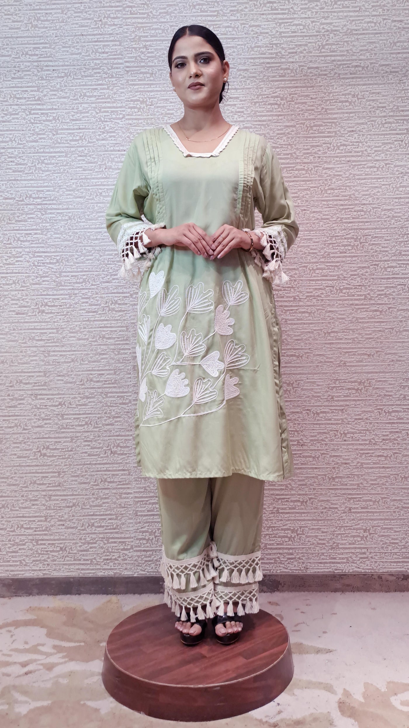 Pastel Green Suit Set In Cotton Linen Fabric Highlighted With Stunning Crochet Work