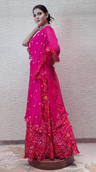 Trendy Kaftan Dress In Vibrant Rani Pink Color With Bandhej Skirt In Chiffon Fabric