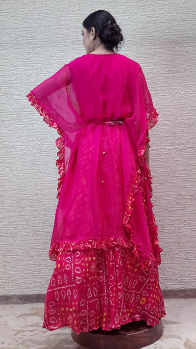 Trendy Kaftan Dress In Vibrant Rani Pink Color With Bandhej Skirt In Chiffon Fabric
