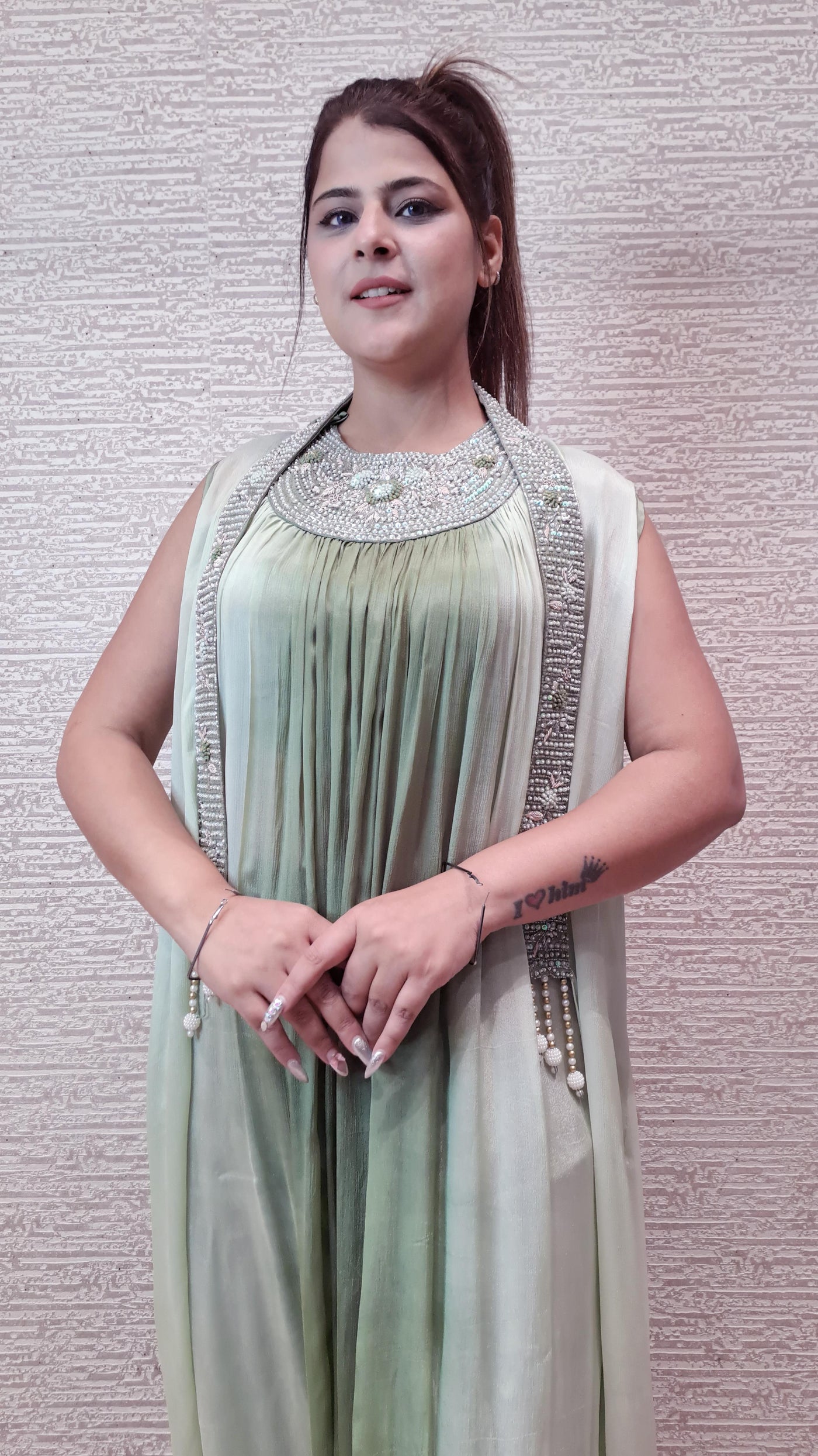 Georgette Jumpsuit In Soothing Shades Of Green With Antique Zari Threadwork