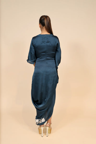 full back look of navy blue satin silk dress