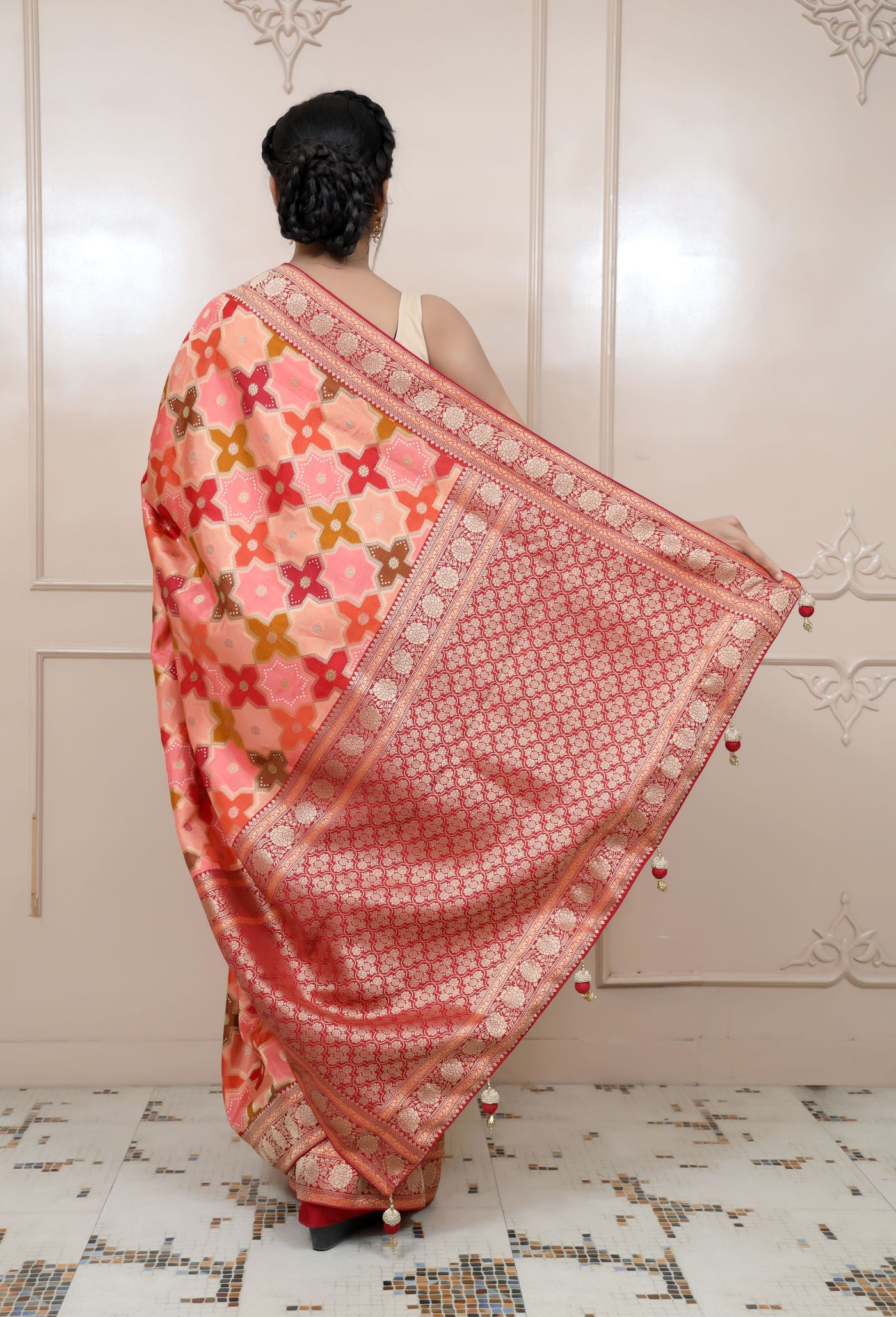 classic peach color geometrical motif saree