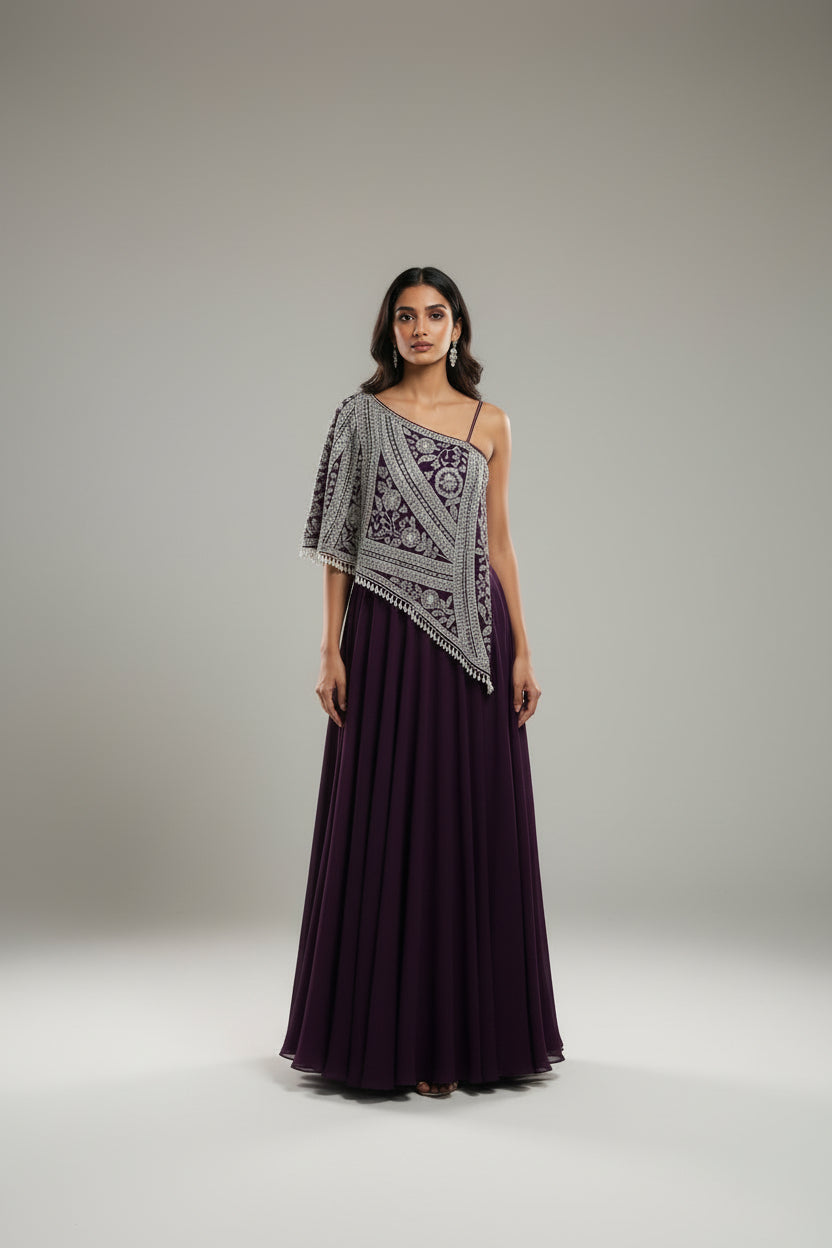 Buy One-shoulder Asymmetrical Indo-Western Dress With Flared Palazzo ODHNI Buy One-shoulder Asymmetrical Indo-Western Dress With Flared Palazzo ODHNI