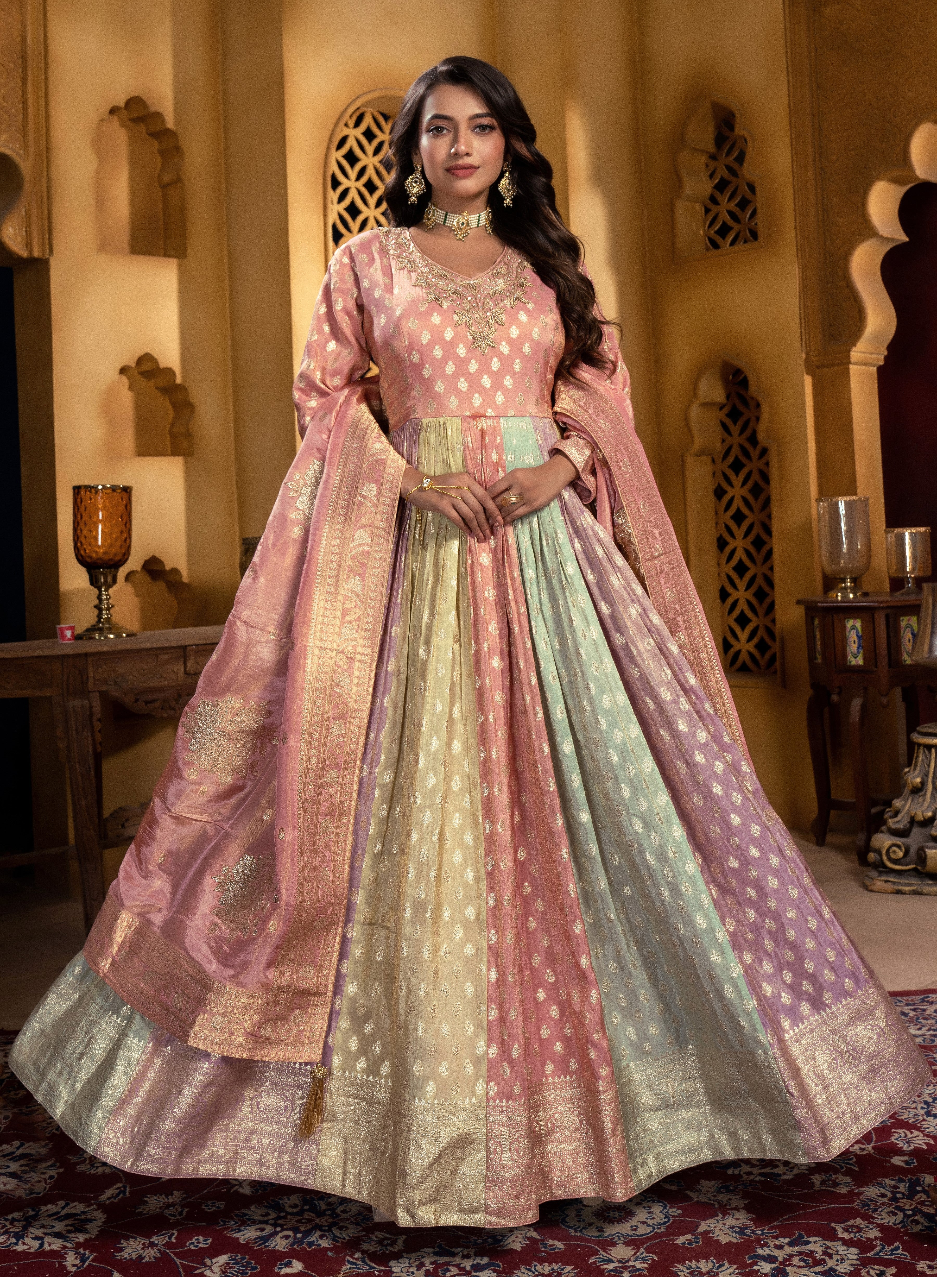 Pastel Rainbow Brocade Anarkali Gown (A1329 GA-3) – ODHNI
