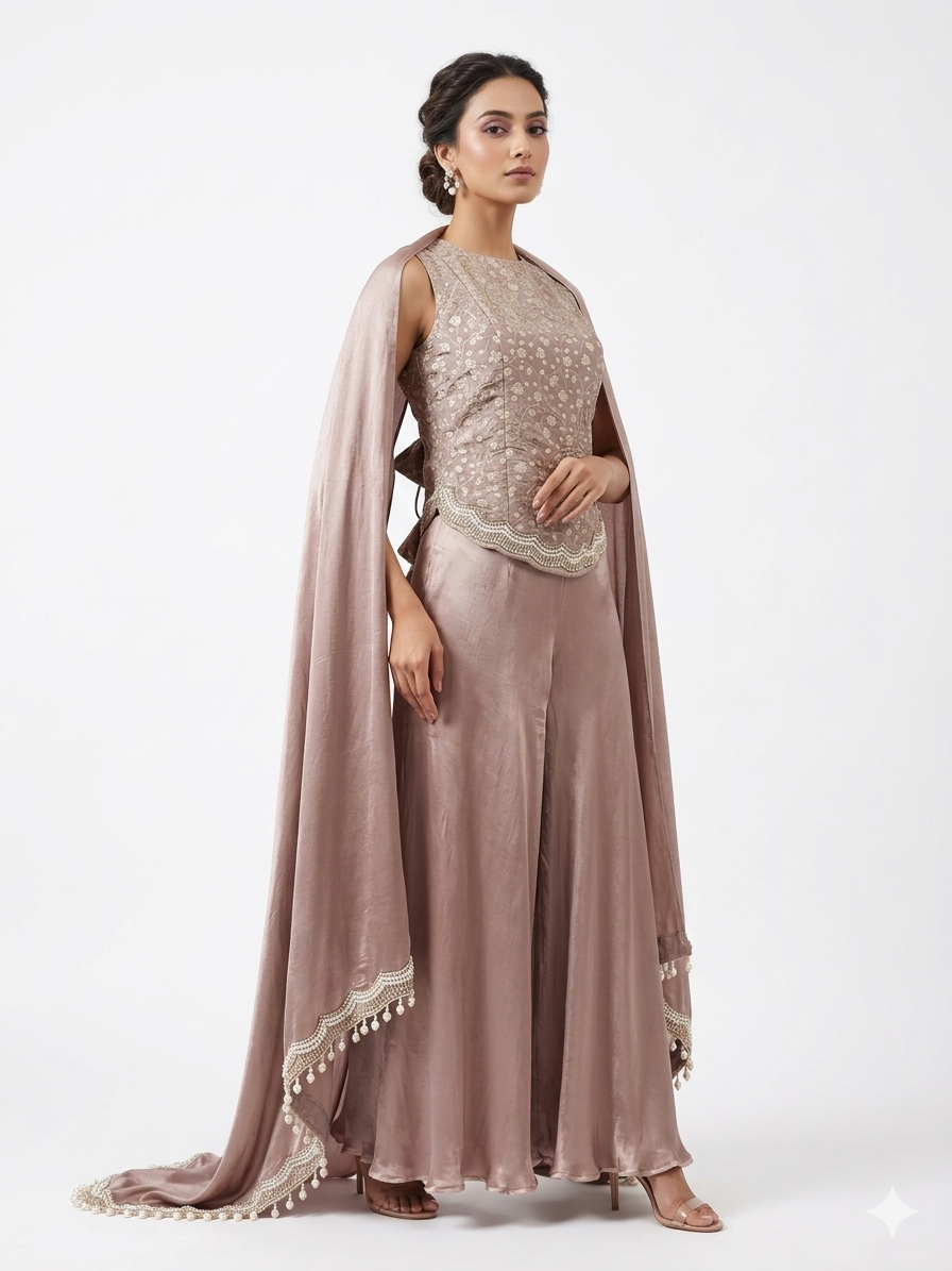 Rose-Gold Radiance Indo-Western Set with Pearl Detail Dress – ODHNI