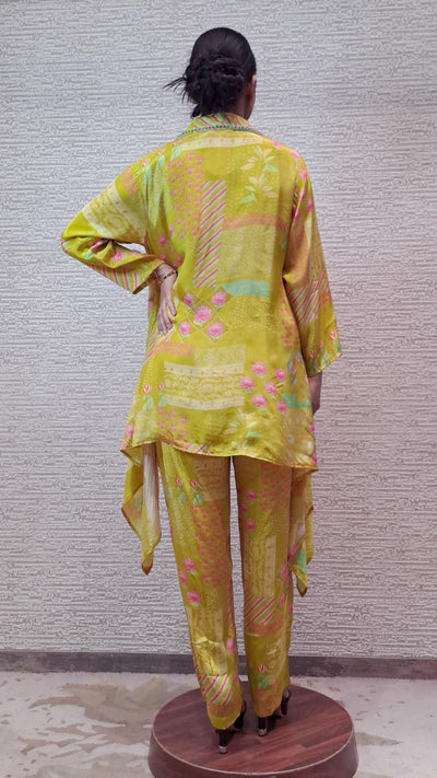 Vibrant Yellow Floral Kurti Co-Ord Set With Embellished Collar