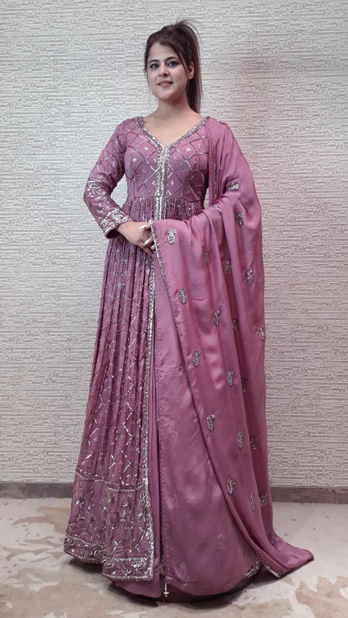 Graceful Ruby Pink Anarkali With Monofone Sequins And Resham Threadwork In Chinon Fabric
