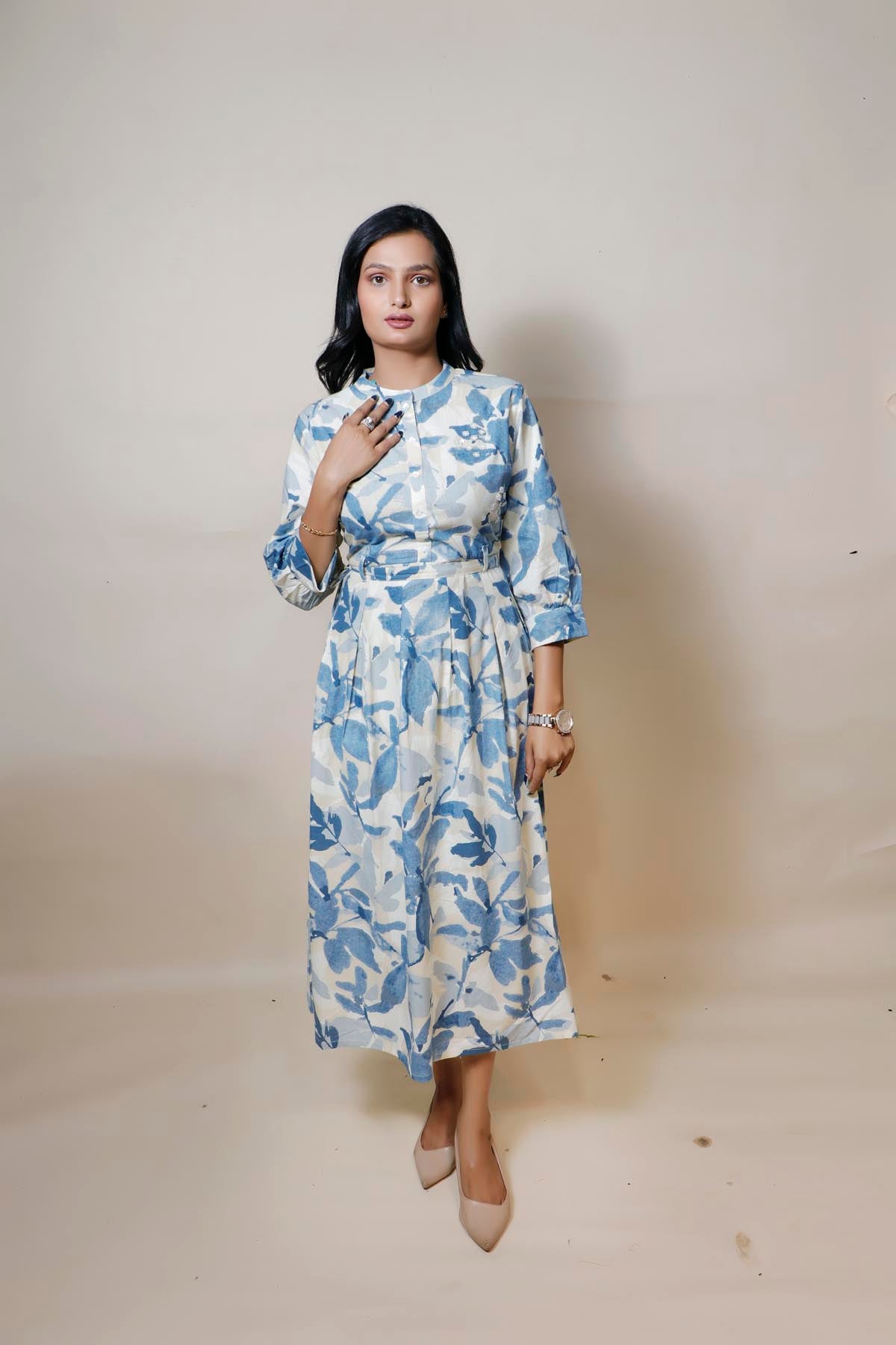 full front view of floral print cotton dress