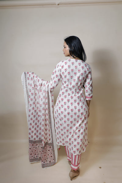 full back look of white mirror work cotton suit