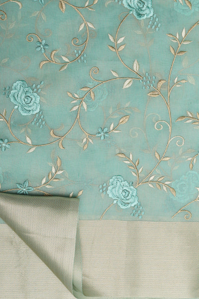 Aqua Color Saree with Thread Work and Floral Motif