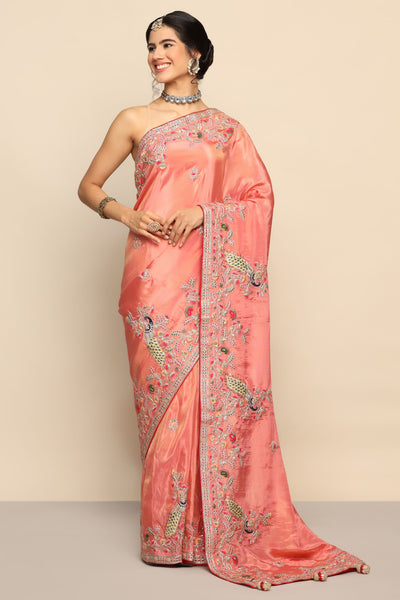 Enchanting Peach Color Silk Saree with Intricate Thread Work and Sequins"