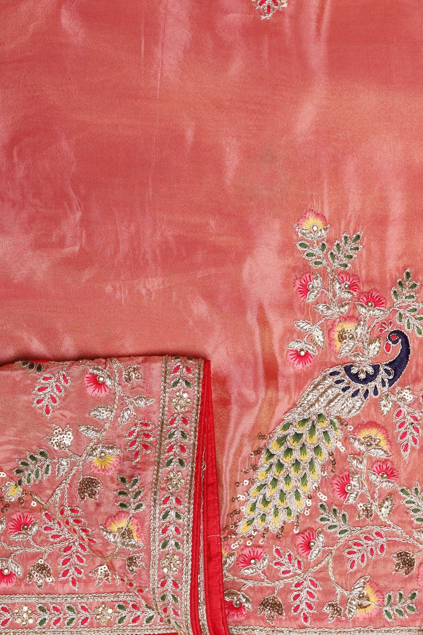 Enchanting Peach Color Silk Saree with Intricate Thread Work and Sequins"