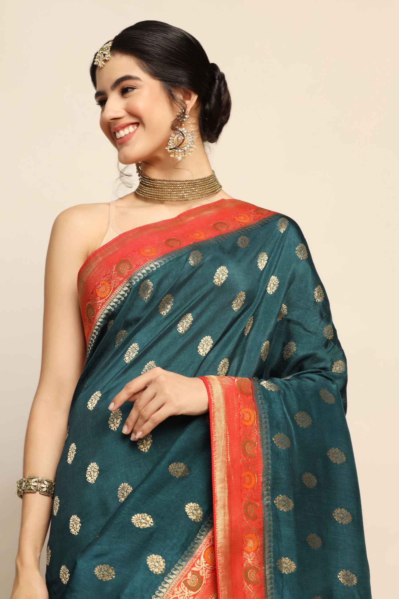 Timeless Elegance: Bottle Blue Silk Saree with Wide Border and Resham Embroidery