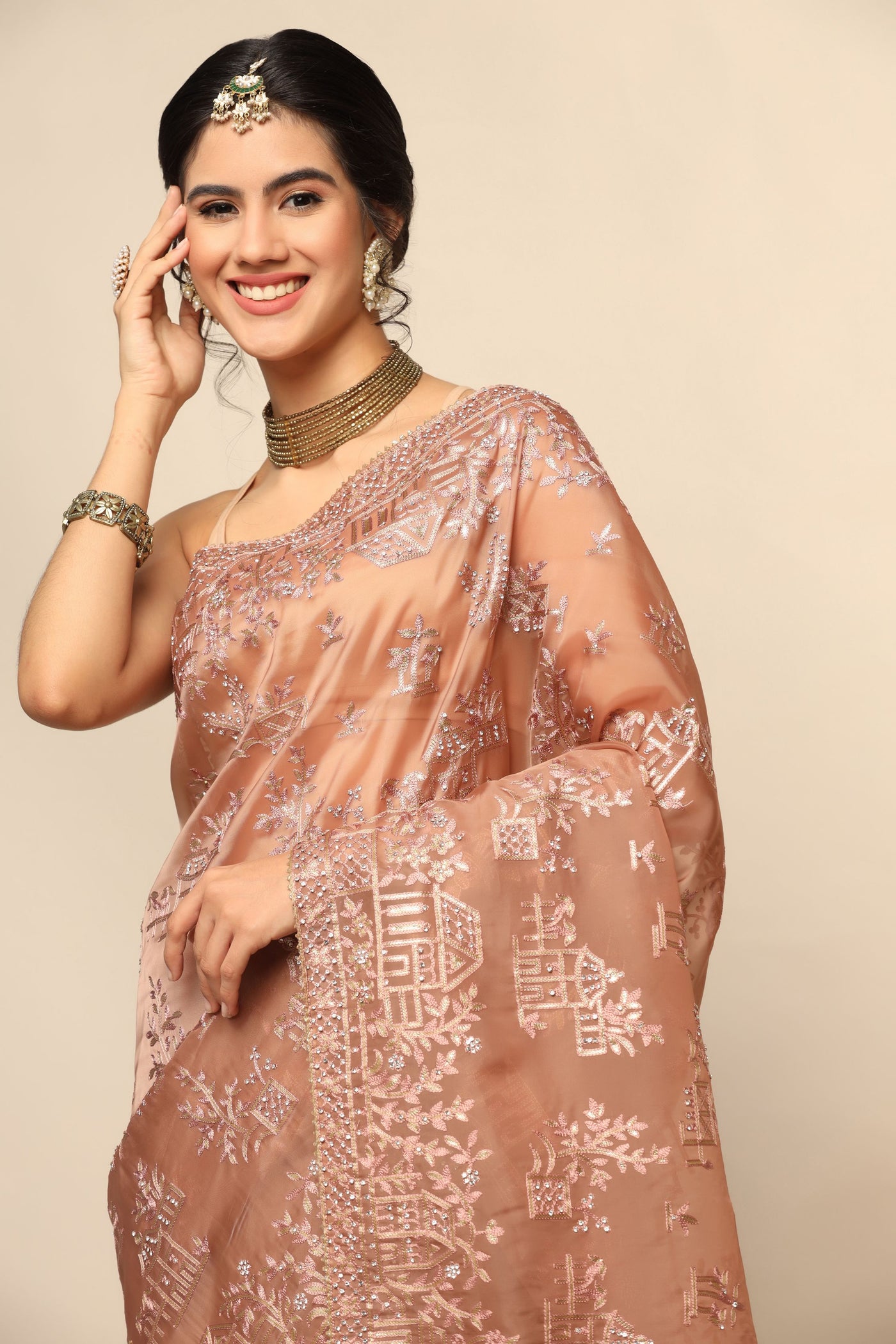 Glamorous Brown Sequins Saree with Thread Work and Zari Embellishments