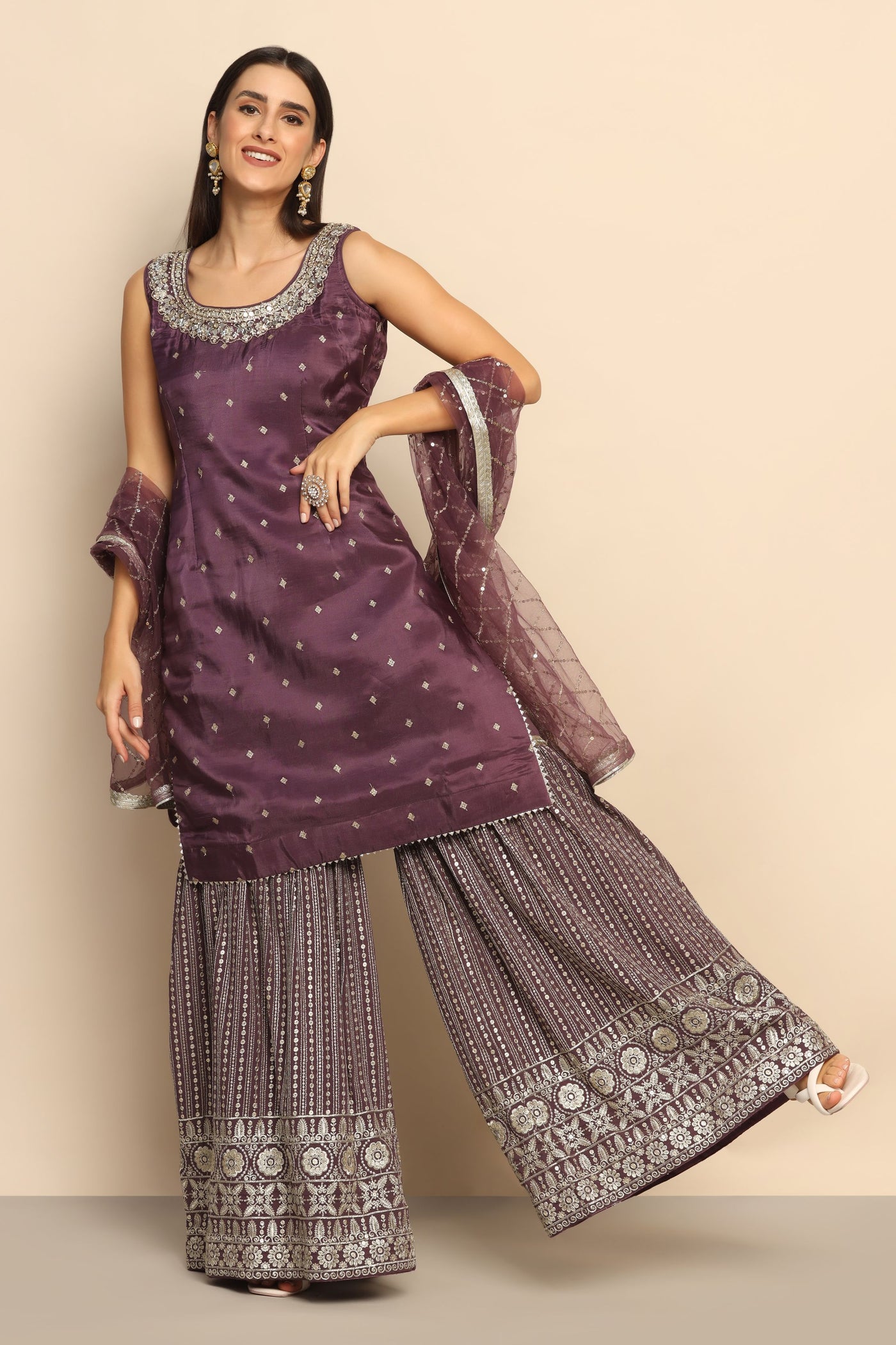 Royal Amethyst Purple Dress with Mirror, Sequins, and Zari