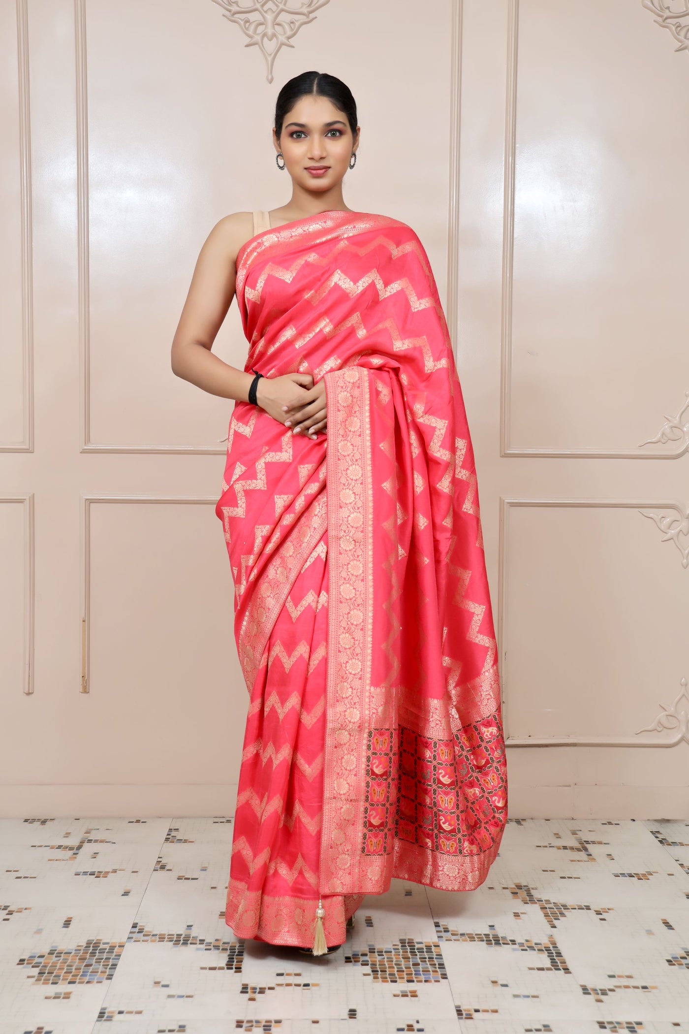 beautiful peach color floral motif embroidered saree