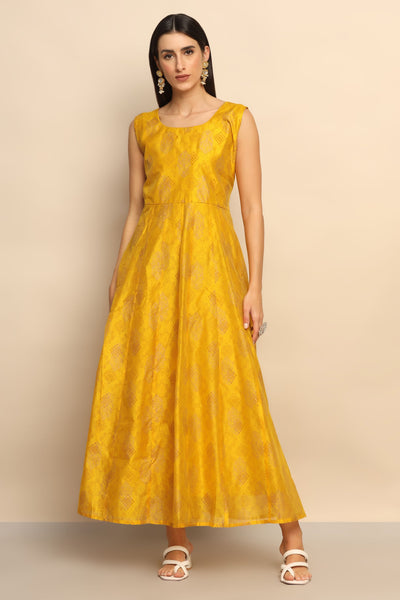 Sunflower Serenade Mustard and Blue Printed Dress