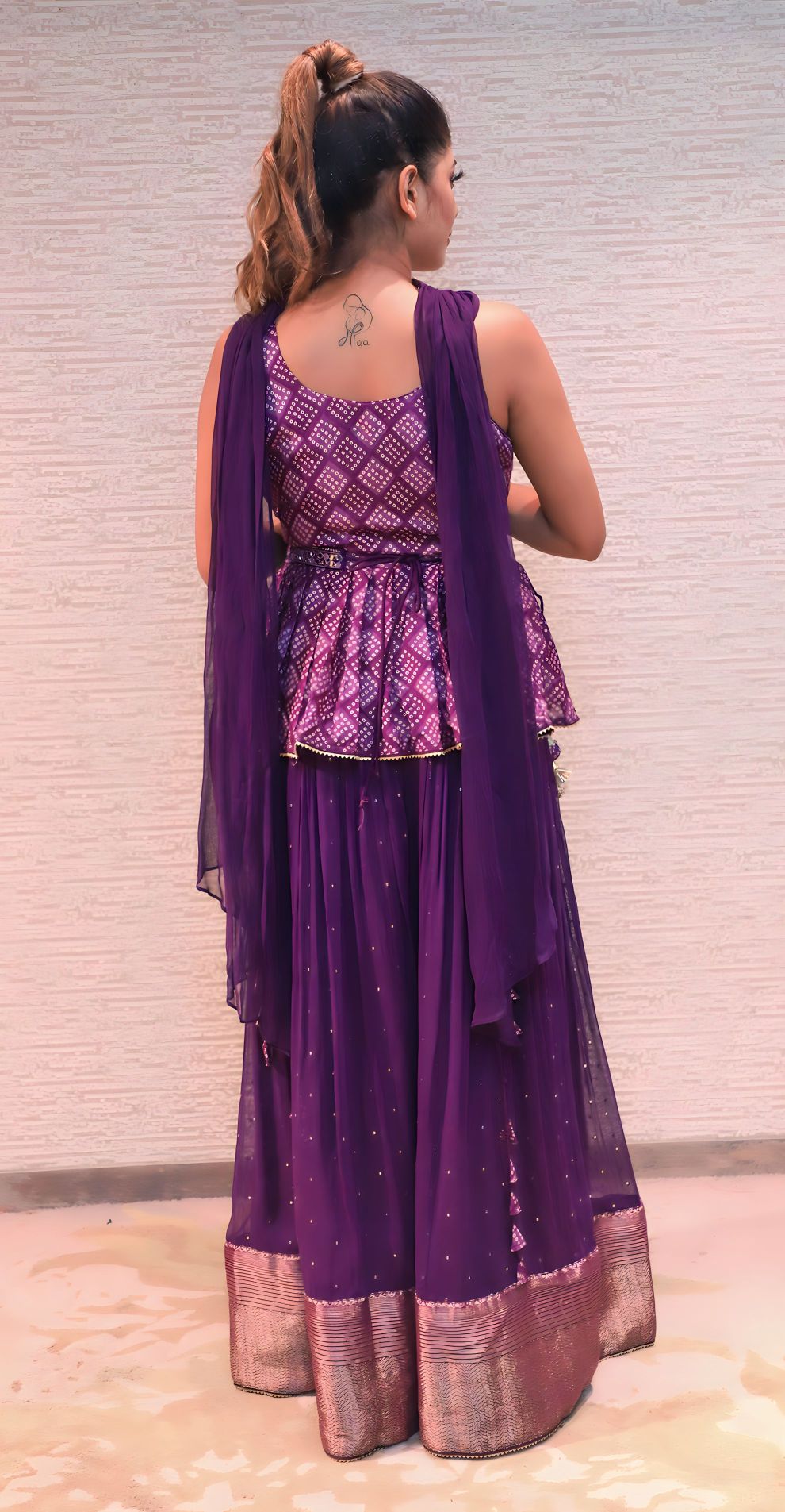 stylish purple color geomatical motif peplum top & sharara set
