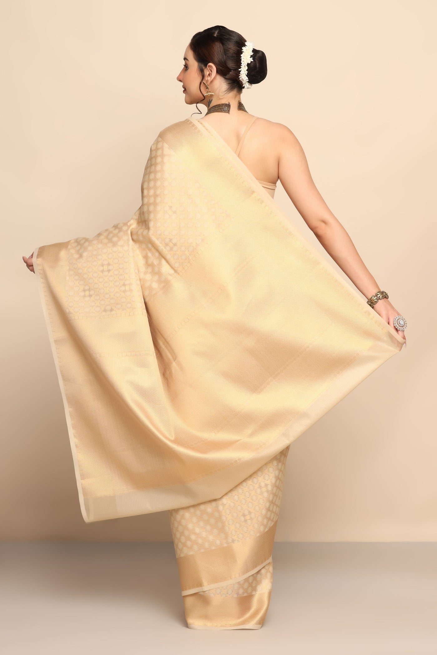 Stunning Beige Golden Cotton Silk Saree with Geometrical Motif"