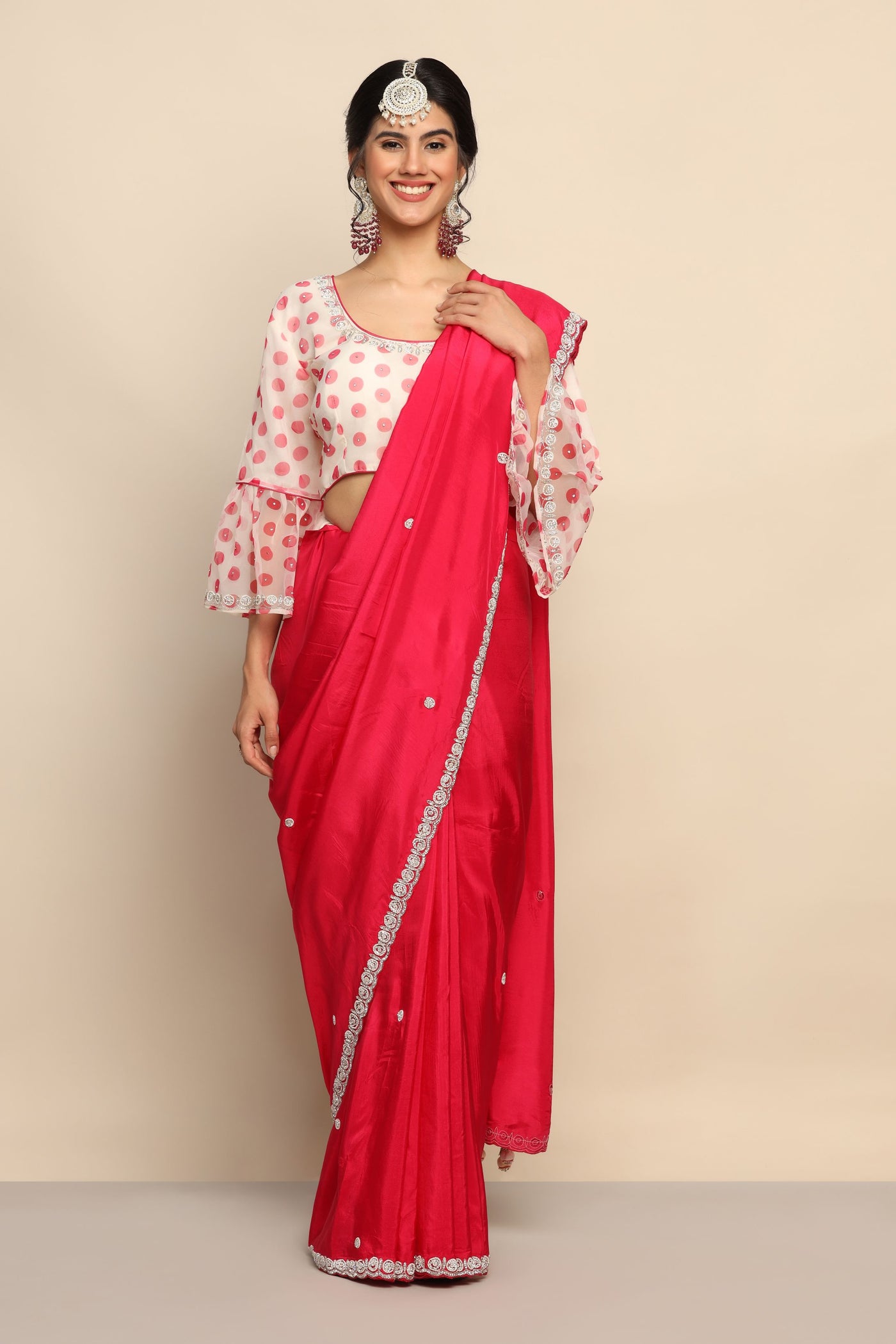 Luxurious Satin Saree with Sequins and Moti Embellishments