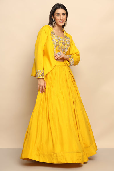 Radiant Yellow Silk Blend Lehenga with Moti, Sali, and Sequins