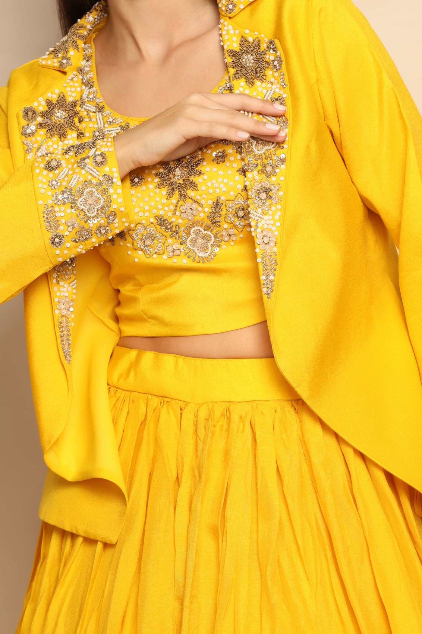 Radiant Yellow Silk Blend Lehenga with Moti, Sali, and Sequins