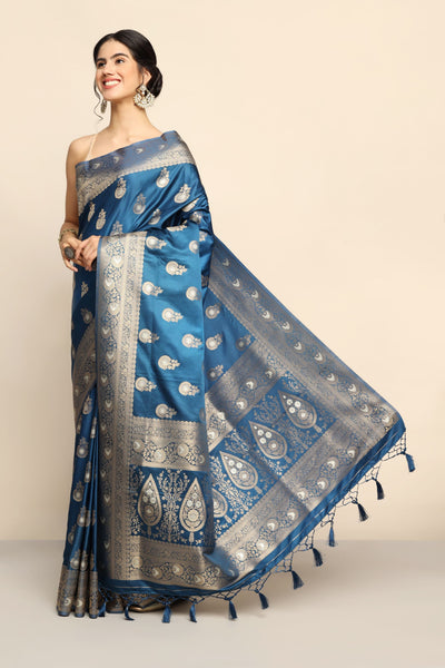 Elegant Blue Silk Saree: Zari Embellishments and Floral Delicacy