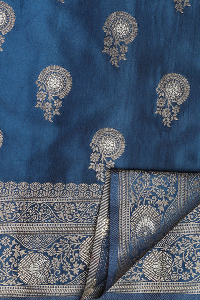 Elegant Blue Silk Saree: Zari Embellishments and Floral Delicacy