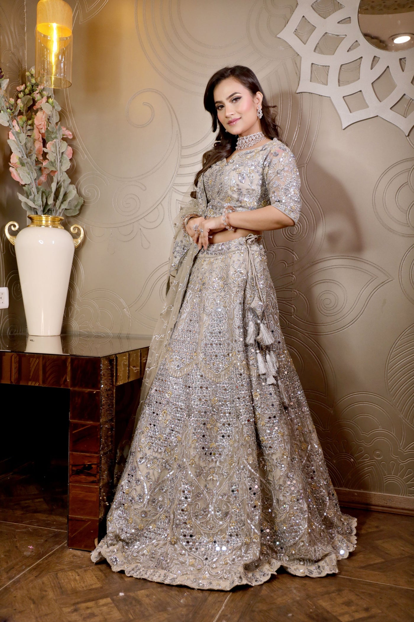 Classic grey color floral motif embroidered lehenga