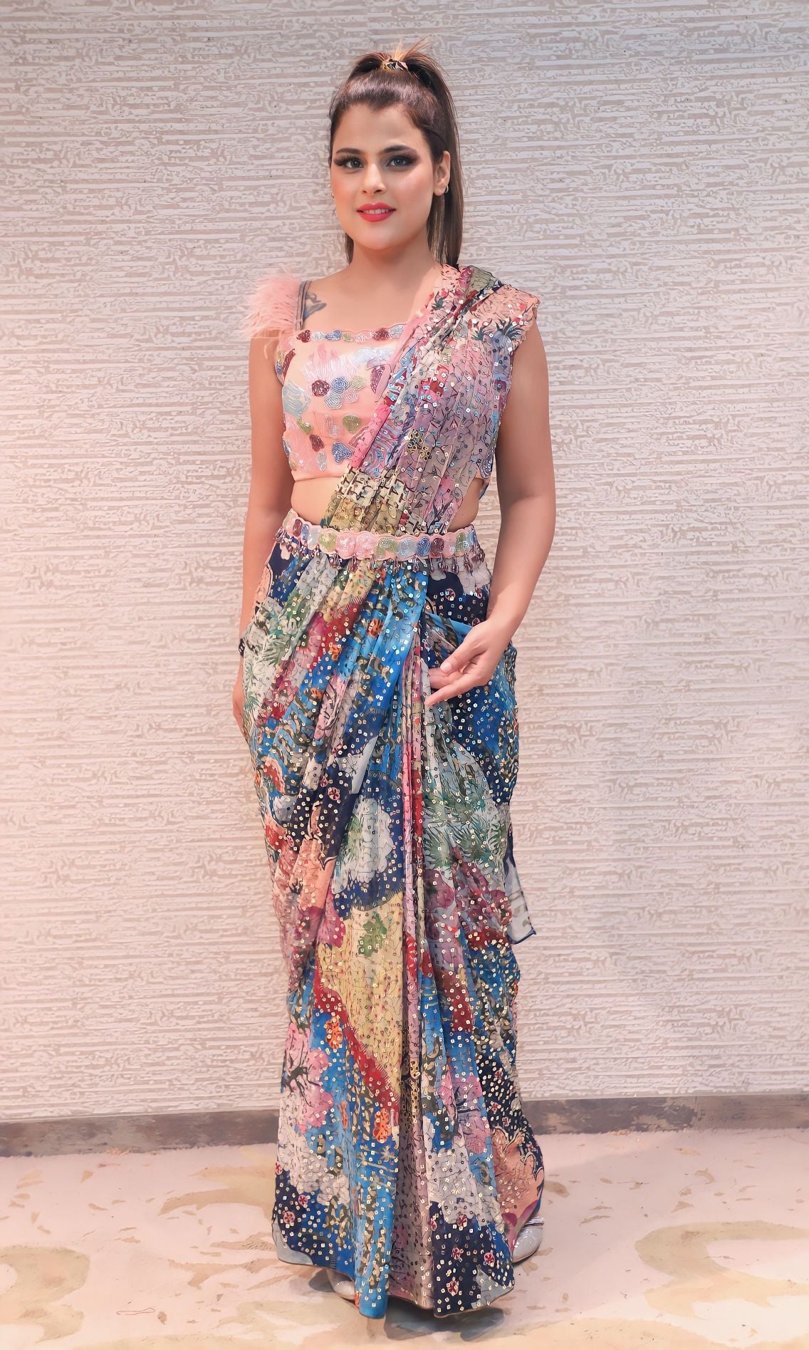 adorable multi color printed drape saree