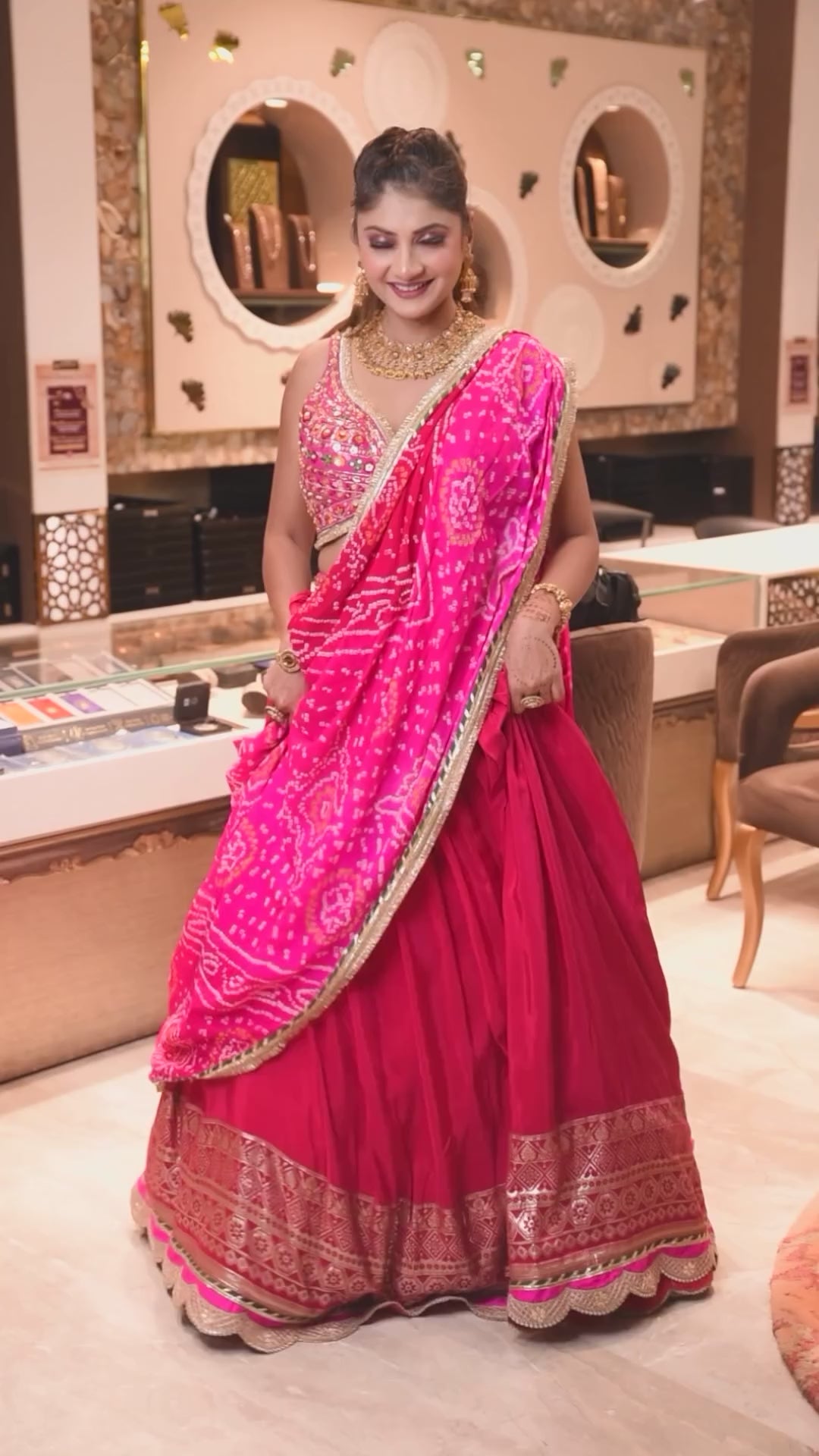 Elegant Rani-Colored Lehenga with Bandhej Dupatta - Sleeveless & Full Stitched