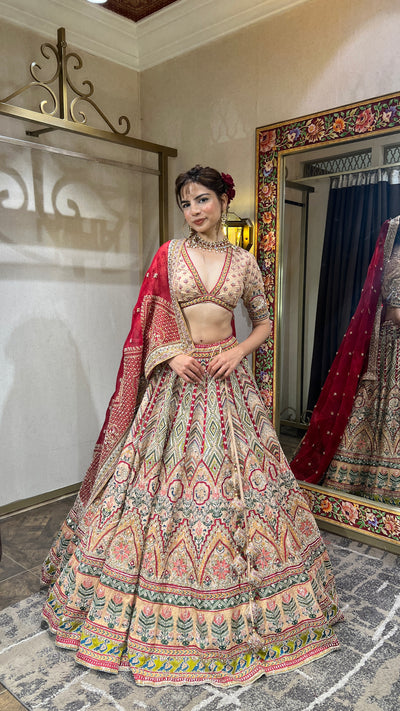 beautiful red & beige color floral embroidered bridal lehenga