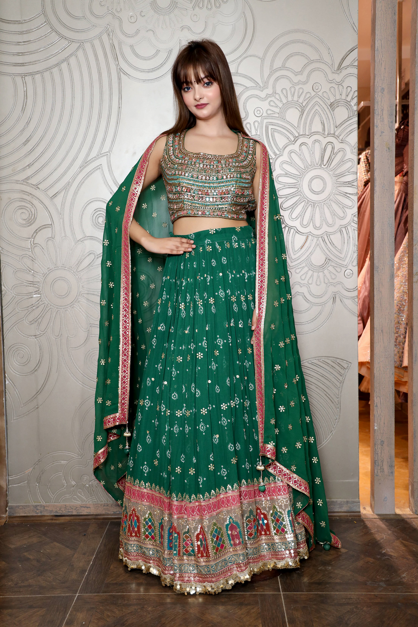 front look of green floral lehenga