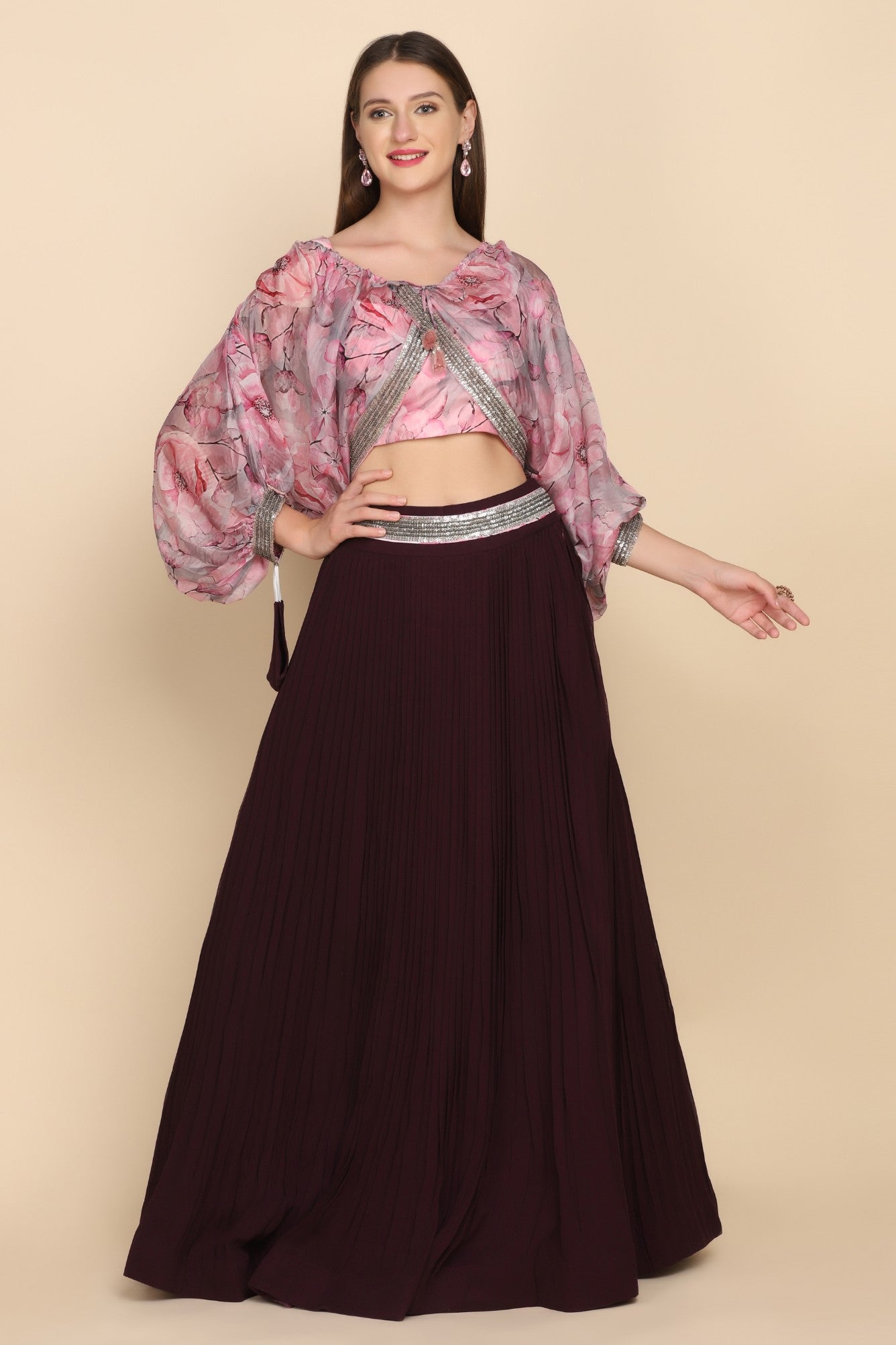 model posing wearing floral printed skirt set