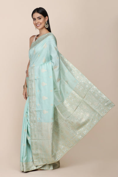 Adorable turquoise green color floral motif woven saree