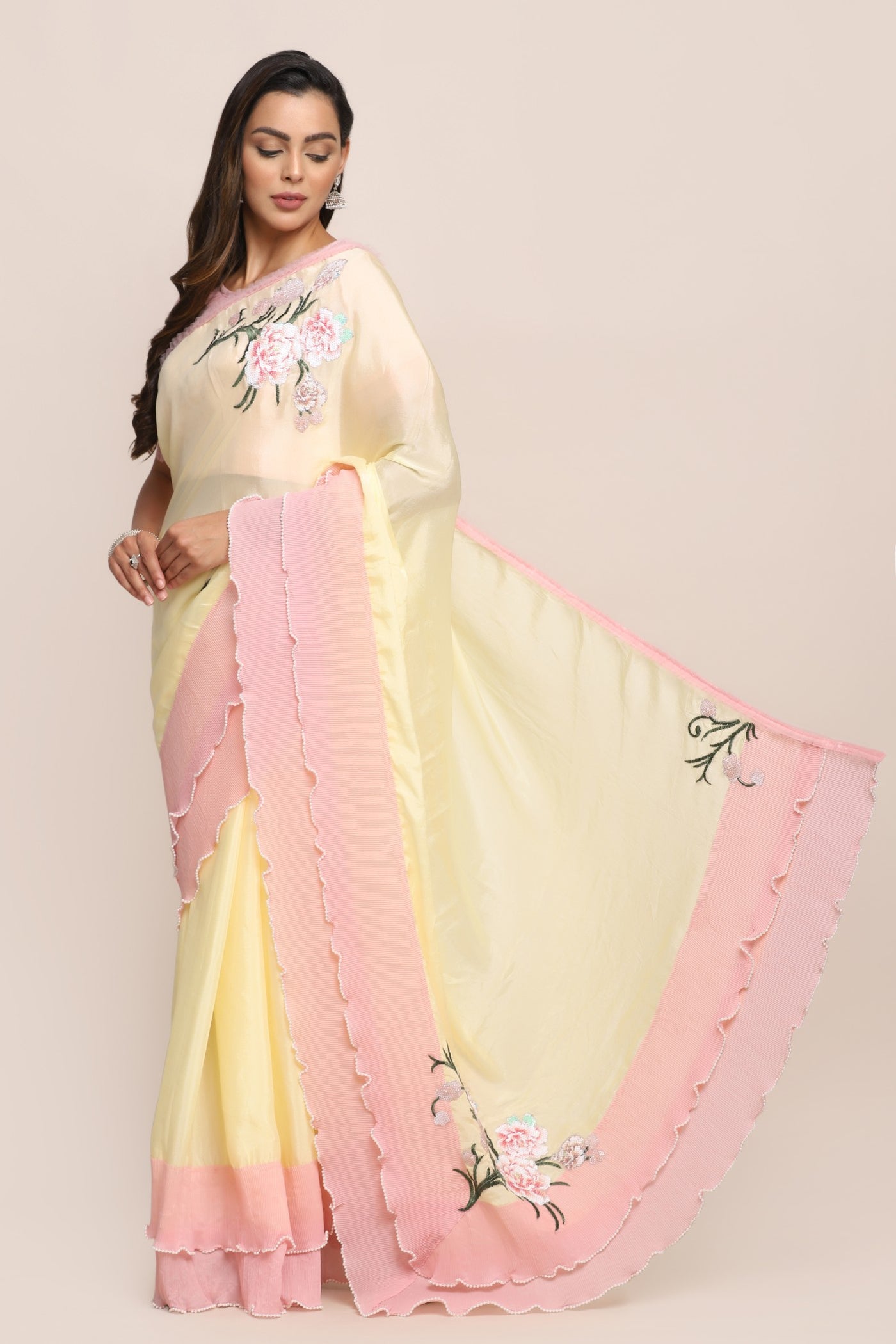 Glamorous yellow color embroidered ruffle saree