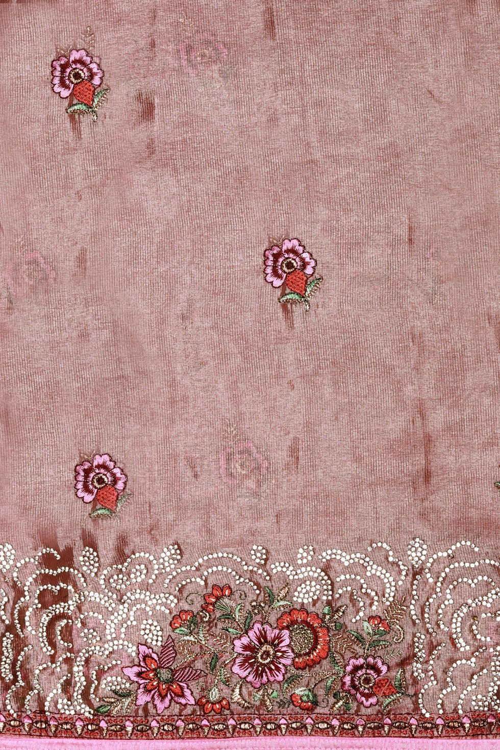 picture of embroidery work on Onion pink floral embroidered saree