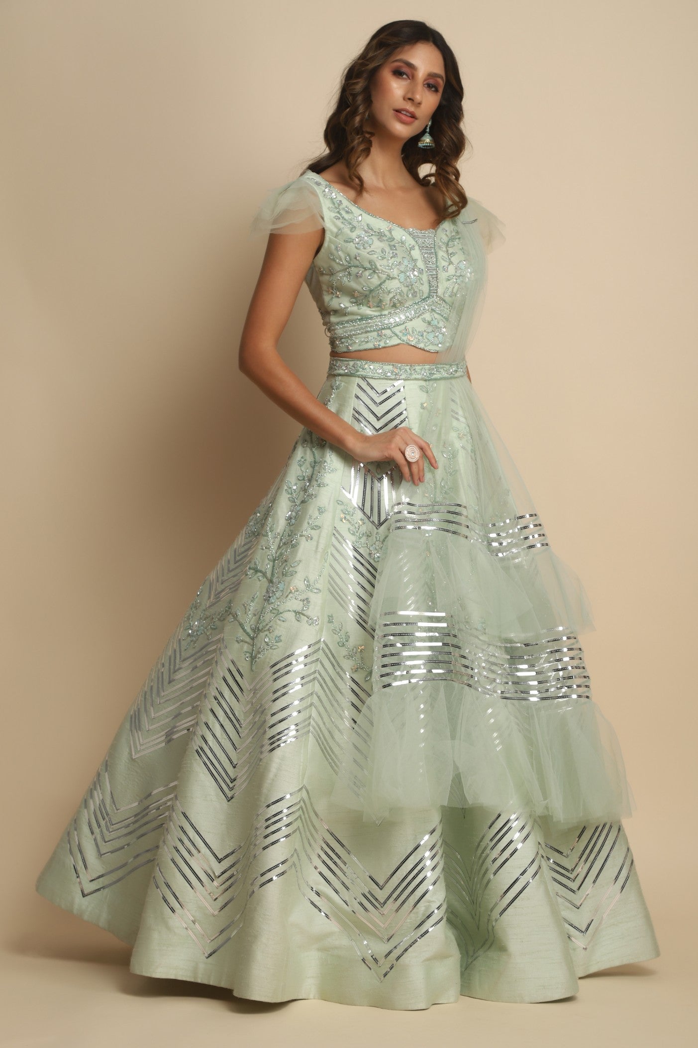 Green Color Floral Embroidered Lehenga