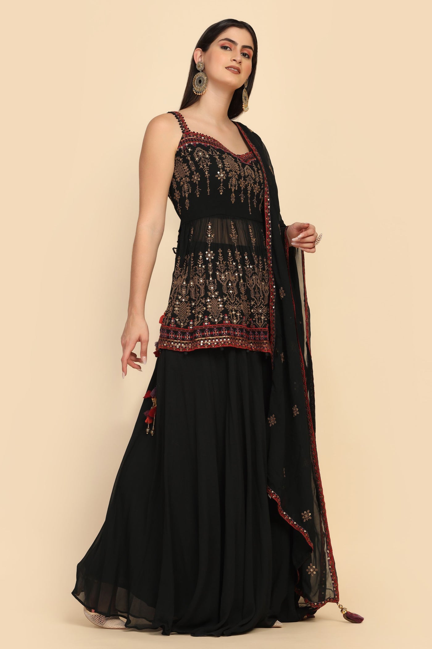 Classic Black Color Floral Motif Embroidered Palazzo Set