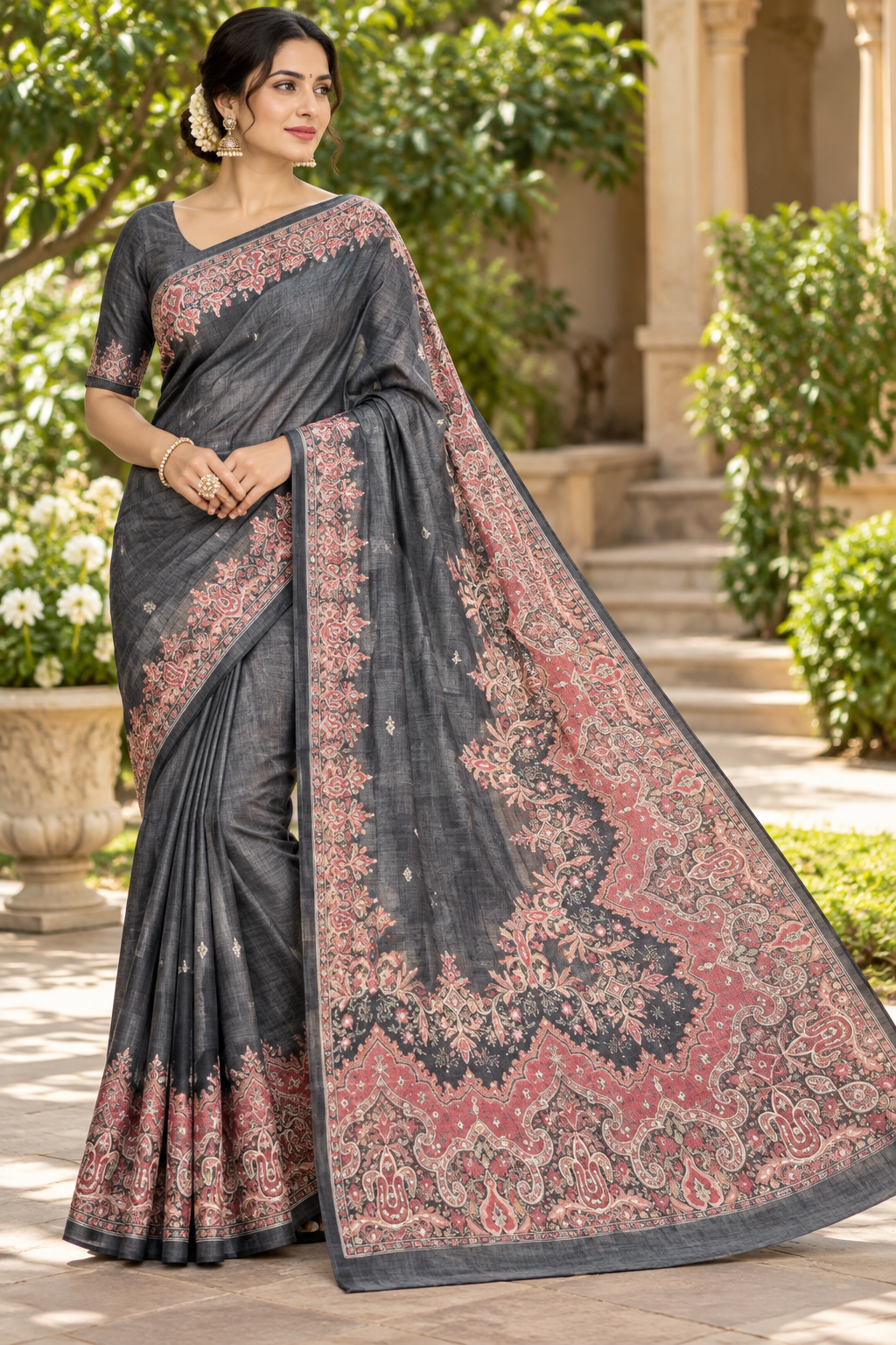 Slate Grey Kashmiri Floral Paisley Linen Saree Main image