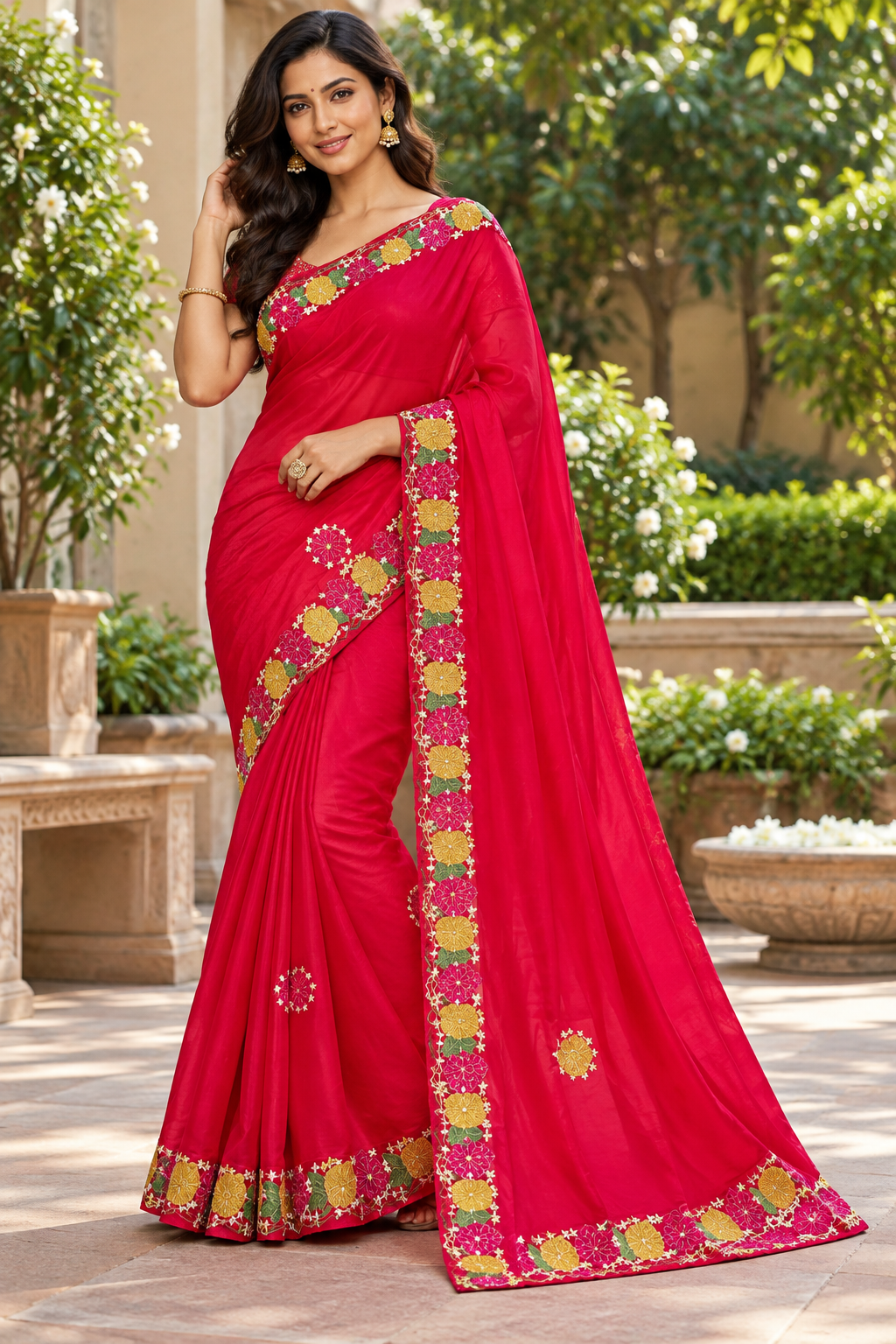 Crimson Red Silk Saree with Multicoloured Floral Threadwork Border & Medallion Buttis