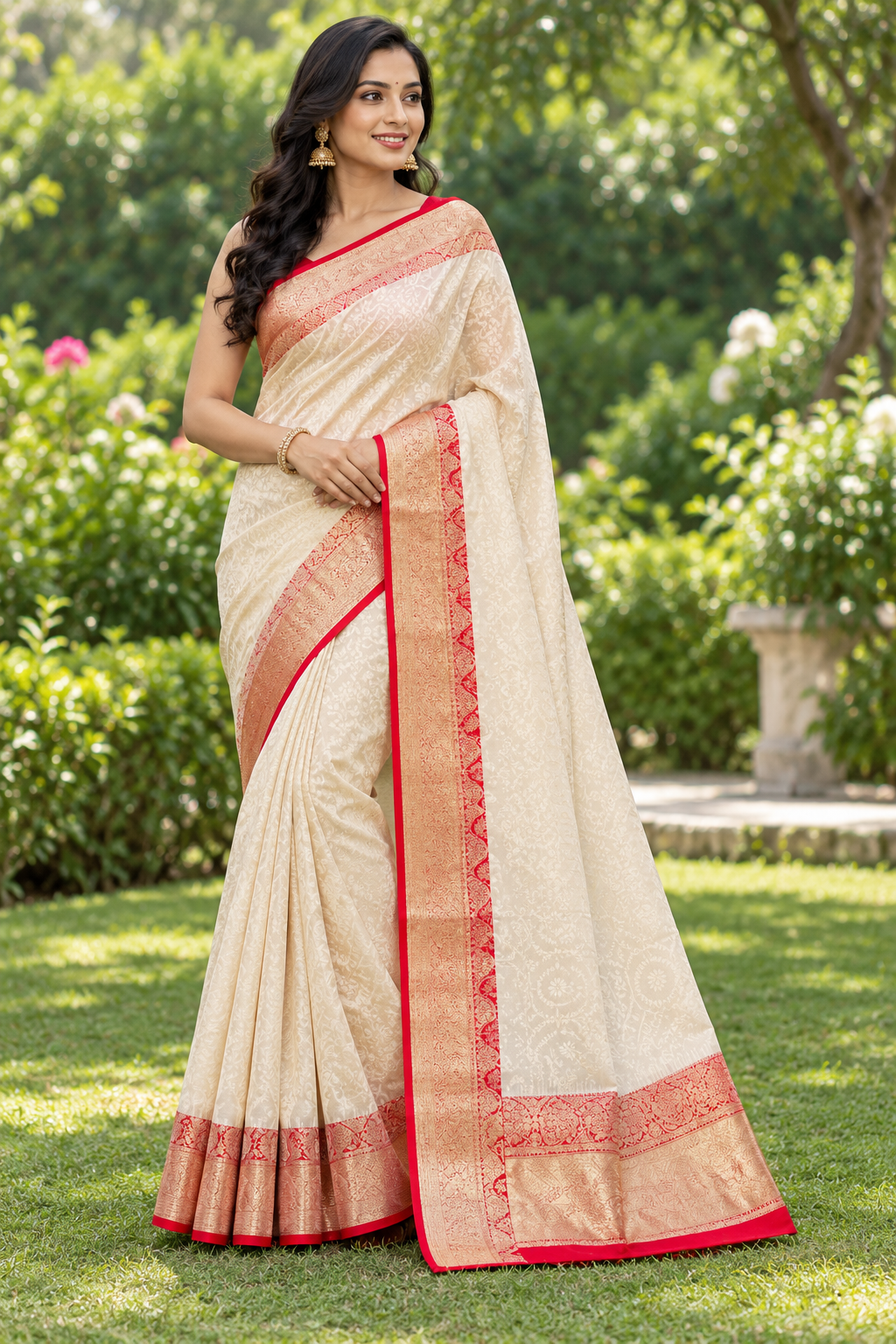 Ivory and Red Silk Saree Main image