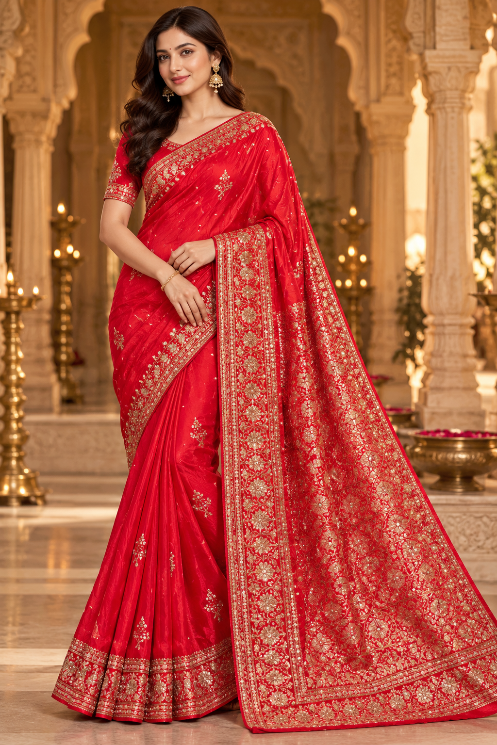Crimson Red Floral Zari Embroidered Saree Main image