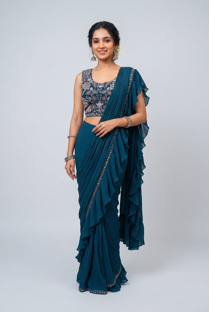 Teal Draped Saree and Embroidered Blouse Set