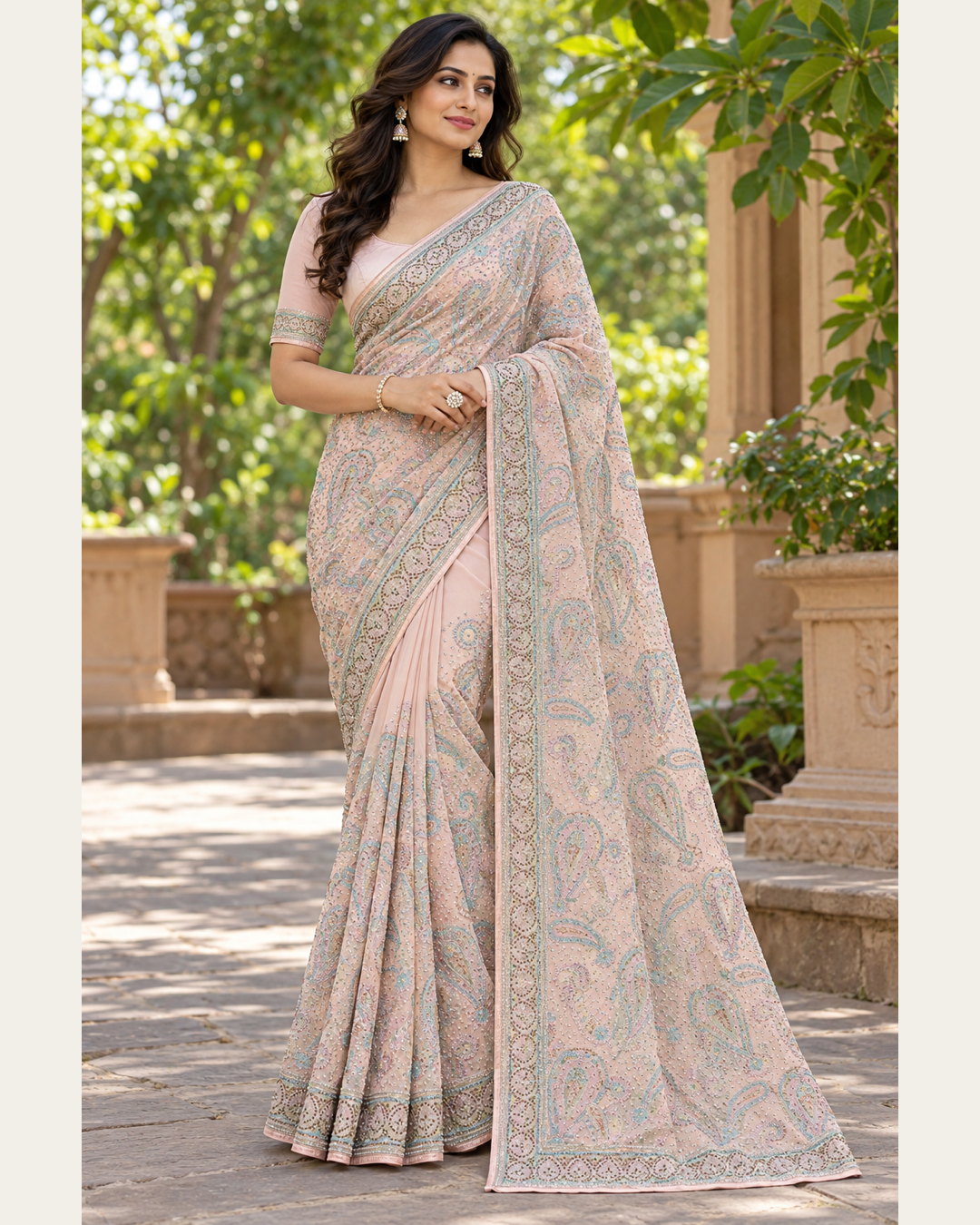 Blush Pink Paisley Embroidered Saree