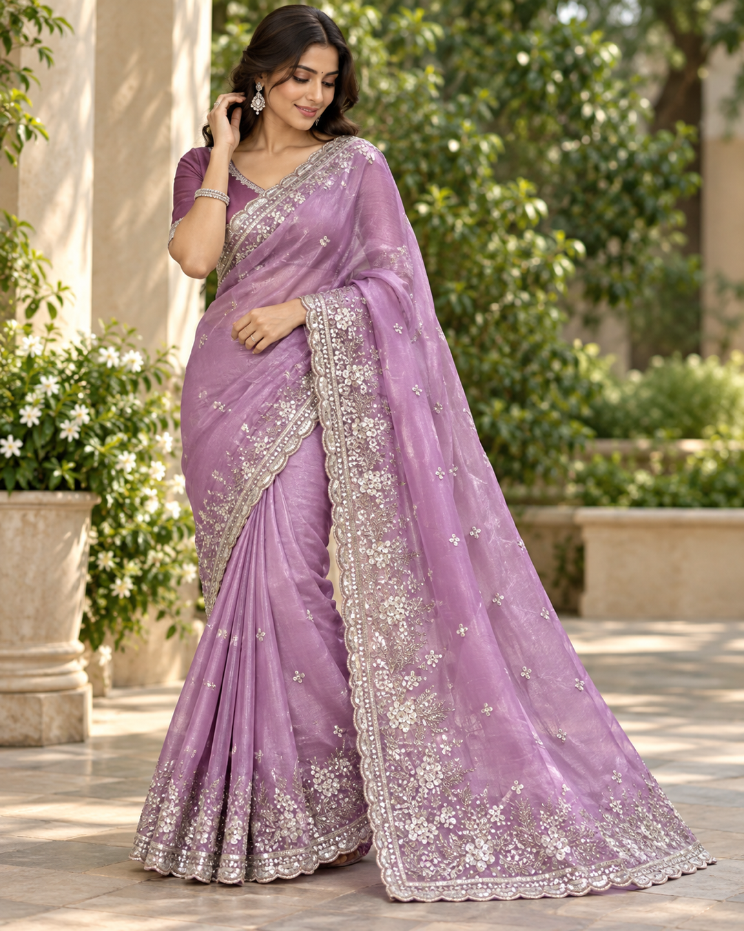 Lavender Sheer Organza Saree with Silver Zari Embroidery Main image