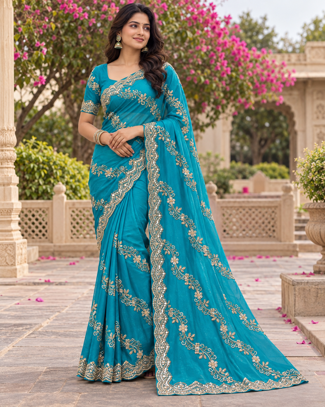 Turquoise Blue Saree With Heavy Sequin Embroidery Main image