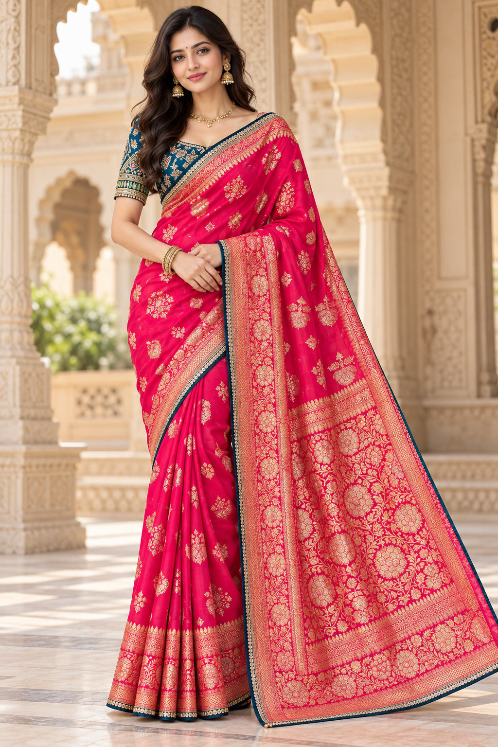 Coral Pink & Blue Floral Woven Saree