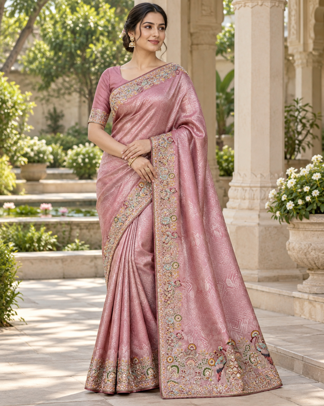 Mauve Pink Zari Woven Saree with Floral and Peacock Motifs Main image